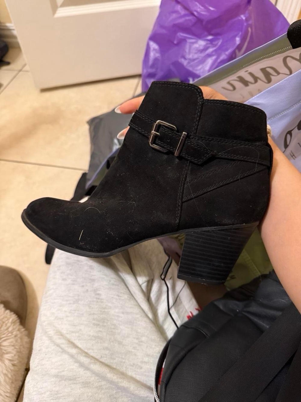 Macy's Black Suede Buckle Block Heel Ankle Boots